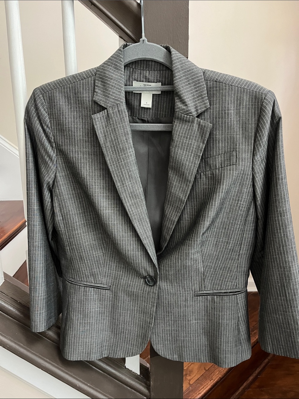 Loft Pinstripe Single-Button Blazer in Charcoal Gray